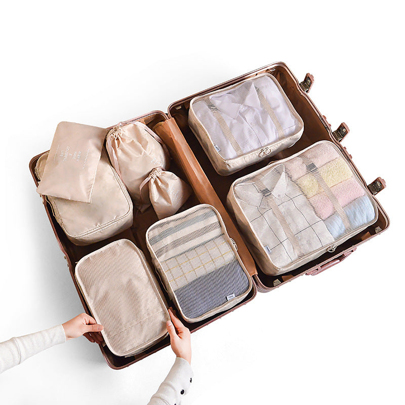Off White 8-Piece Travel Organizer Set - Packing Bags for Clothes, Shoes, Underwear, and Toiletries with Drawstring and 