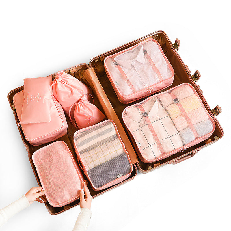 Pink 8-Piece Travel Organizer Set - Packing Bags for Clothes, Shoes, Underwear, and Toiletries with Drawstring and Zip P