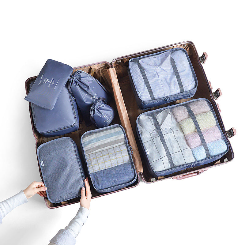 Gray Blue 8-Piece Travel Organizer Set - Packing Bags for Clothes, Shoes, Underwear, and Toiletries with Drawstring and 