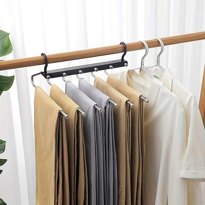 2 PCS Black Stainless Steel Foldable Pants Hanger â€“ Multi-Layer Non-Slip Closet Organizer for Clothes and Trousers