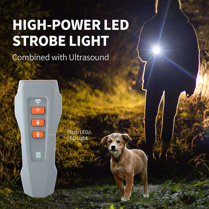 Grey And Orange Ultrasonic Dog Bark Control Device, Rechargeable Dog Trainer with LED Flashlight, Portable Anti-Barking 