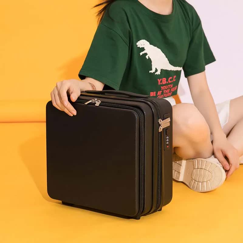 Black Mini 16-Inch Password-Protected ABS Storage and Carry-On Luggage Box | Front-Opening Cosmetic Organizer | Lightwei