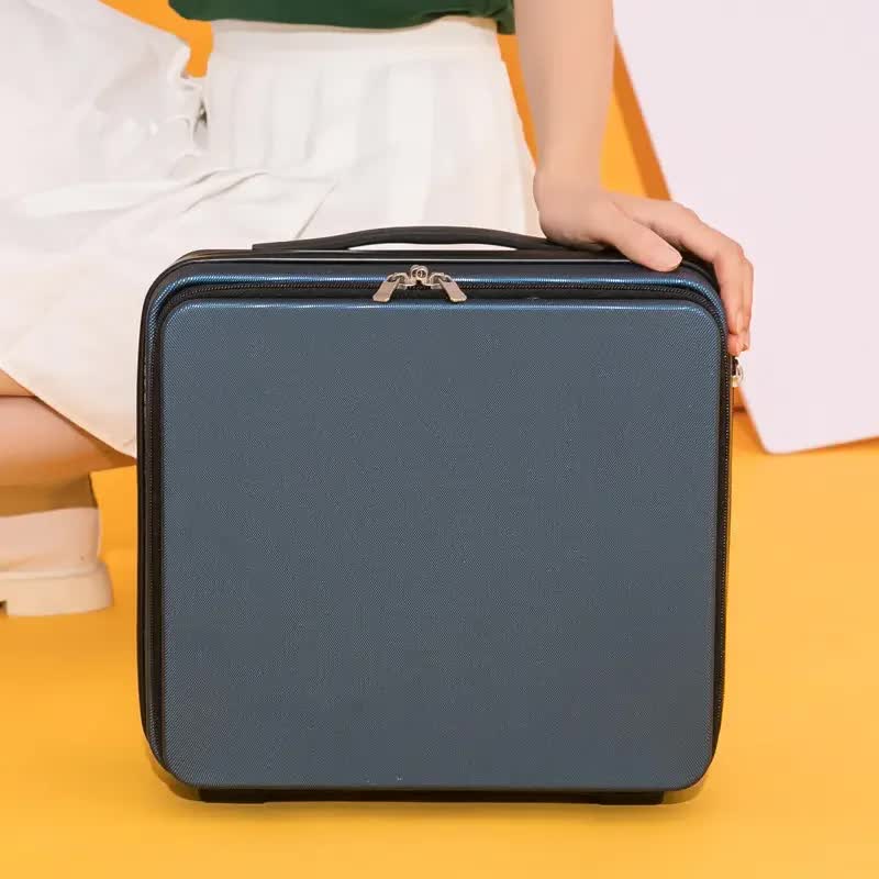 Dark Blue Mini 16-Inch Password-Protected ABS Storage and Carry-On Luggage Box | Front-Opening Cosmetic Organizer | Ligh