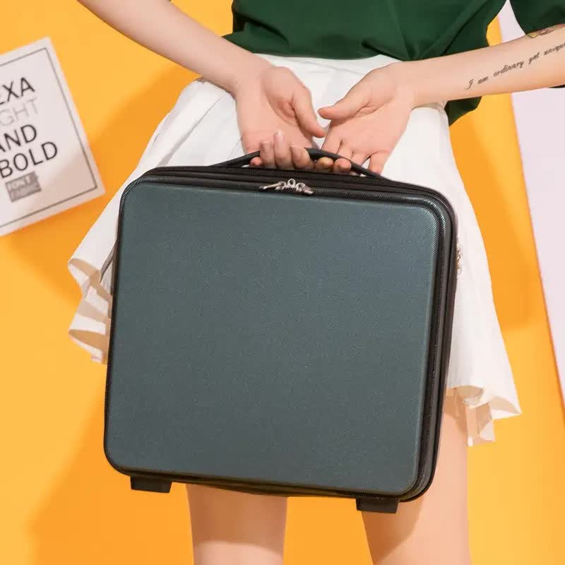 Dark Green Mini 16-Inch Password-Protected ABS Storage and Carry-On Luggage Box | Front-Opening Cosmetic Organizer | Lig