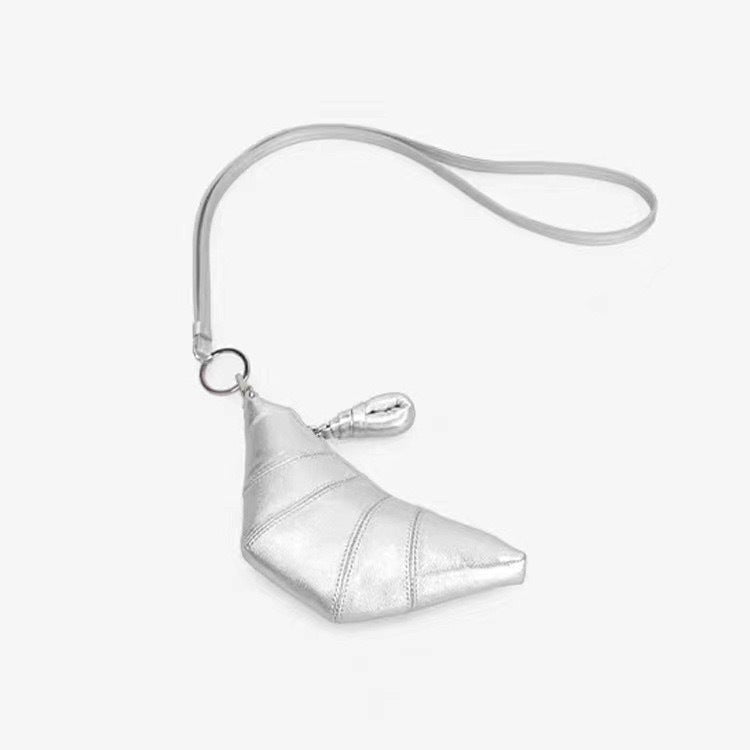 Silver Cute Crossbody Coin Purse | Mini Croissant Design Shoulder Bag | Small PU Leather Portable Makeup & Earphone Pouc