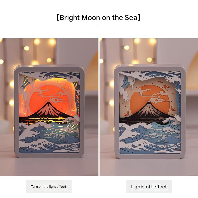 Moon Over The Sea 3D Paper Carving Night Light - USB Or Battery Powered Decorative Bedside Lamp | Atmosphere Lamp for Be