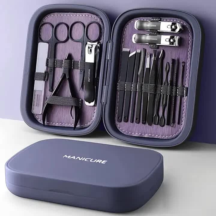 Purple 18-Piece Manicure and Pedicure Set - Stainless Steel Nail Clipper Kit | Professional Nail Care Grooming Tools | C