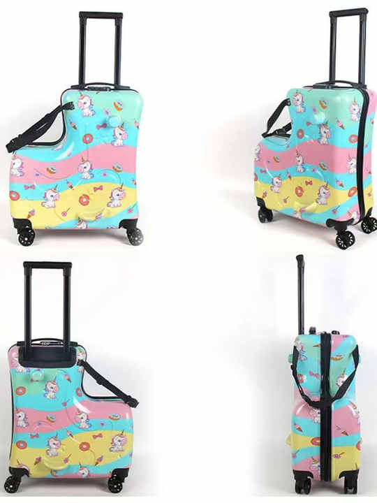 Colorful Kids Ride-On Luggage â€“ 20-Inch Cartoon Travel Suitcase with Footrest, Durable Rolling Carry-On for Children