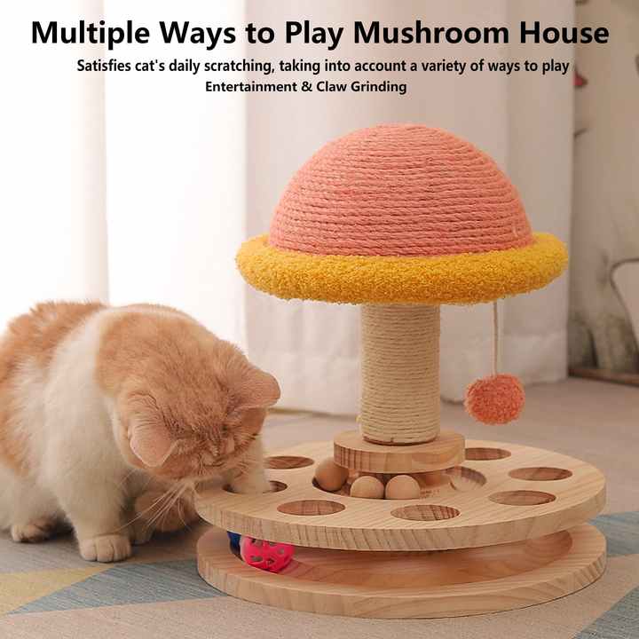 Small Pink Interactive Cat Scratching Post with Ball Track - Fun Mushroom-Shaped Cat Toy for Play, Scratching, and Enter
