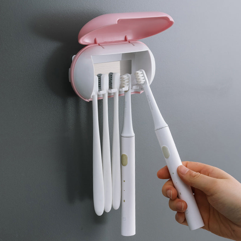 Pink Wall-Mounted Toothbrush Sterilizer with UV-C Disinfection and Drying - USB Rechargeable, Family 5-Brush Holder, ABS