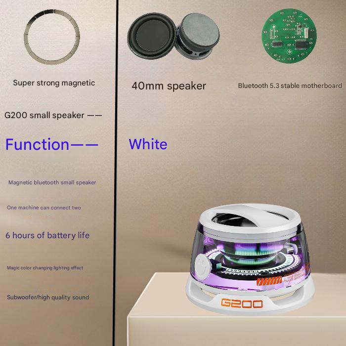 White Portable Mini Bluetooth Speaker with Magnetic Base, High-Quality Bass and Surround Sound, Colorful Ambient Lightin