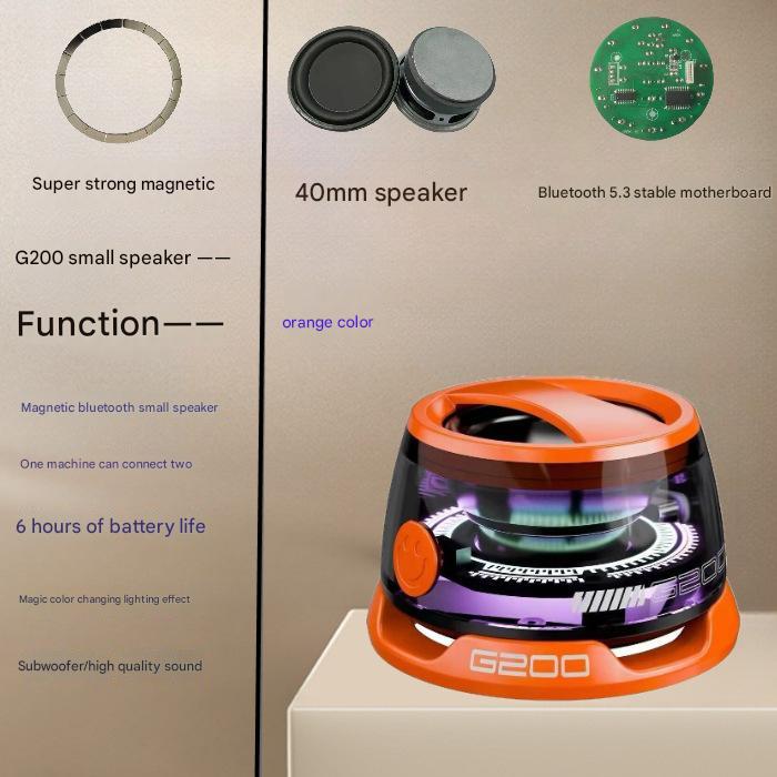 Orange Portable Mini Bluetooth Speaker with Magnetic Base, High-Quality Bass and Surround Sound, Colorful Ambient Lighti