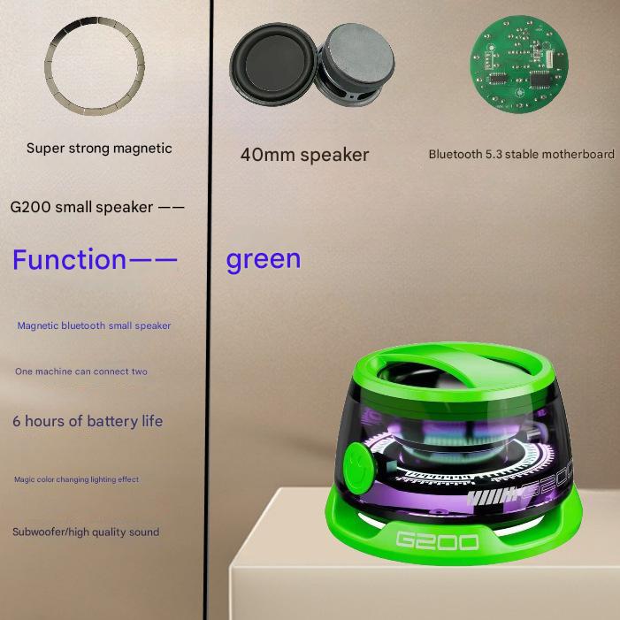 Green Portable Mini Bluetooth Speaker with Magnetic Base, High-Quality Bass and Surround Sound, Colorful Ambient Lightin