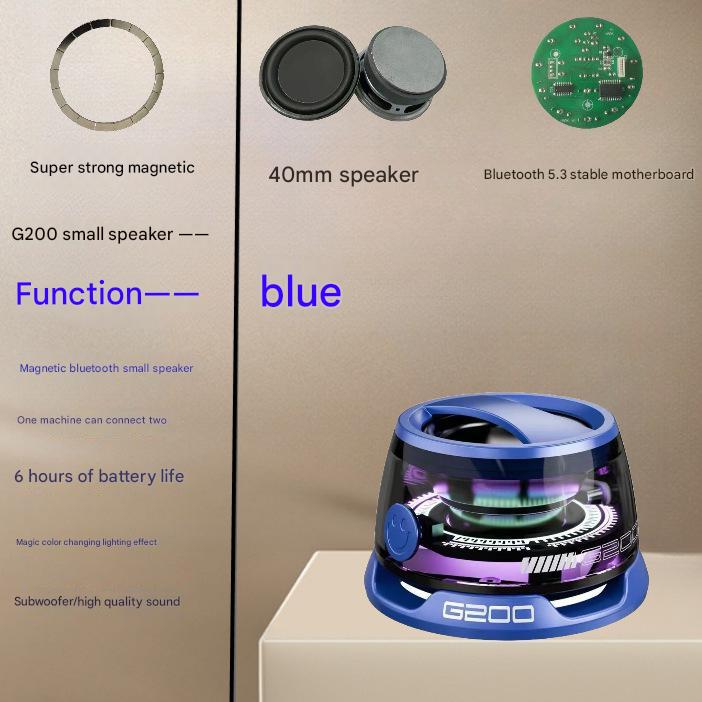 Blue Portable Mini Bluetooth Speaker with Magnetic Base, High-Quality Bass and Surround Sound, Colorful Ambient Lighting