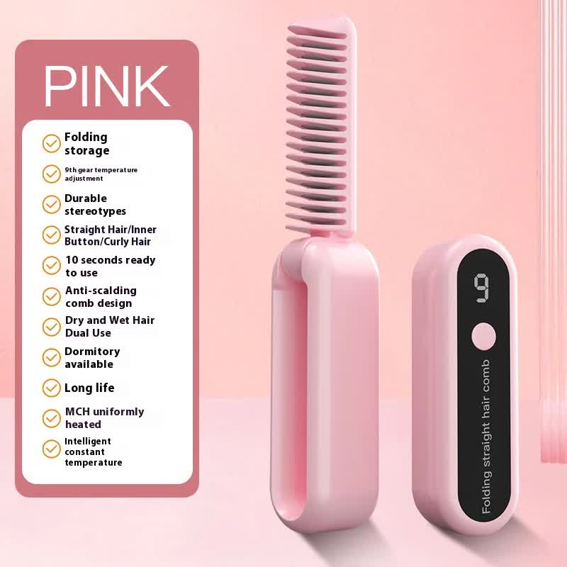 Pink Portable foldable cordless hair straightener with ionic technology, compact travel design, and quick and easy USB c