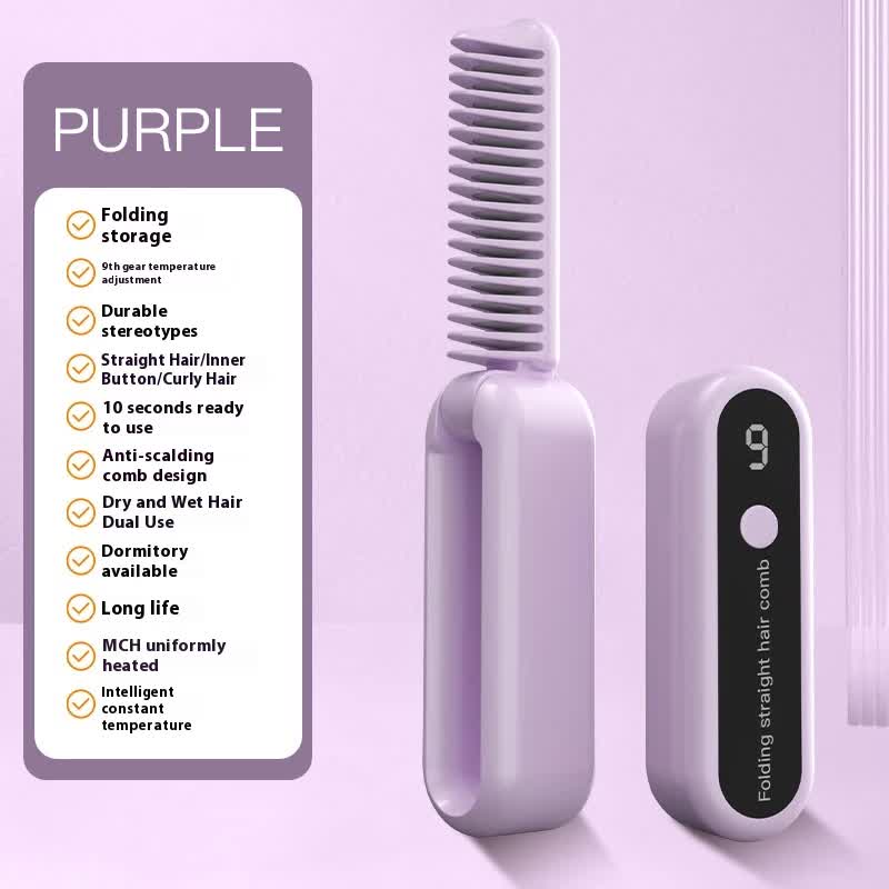 Purple Portable foldable cordless hair straightener with ionic technology, compact travel design, and quick and easy USB