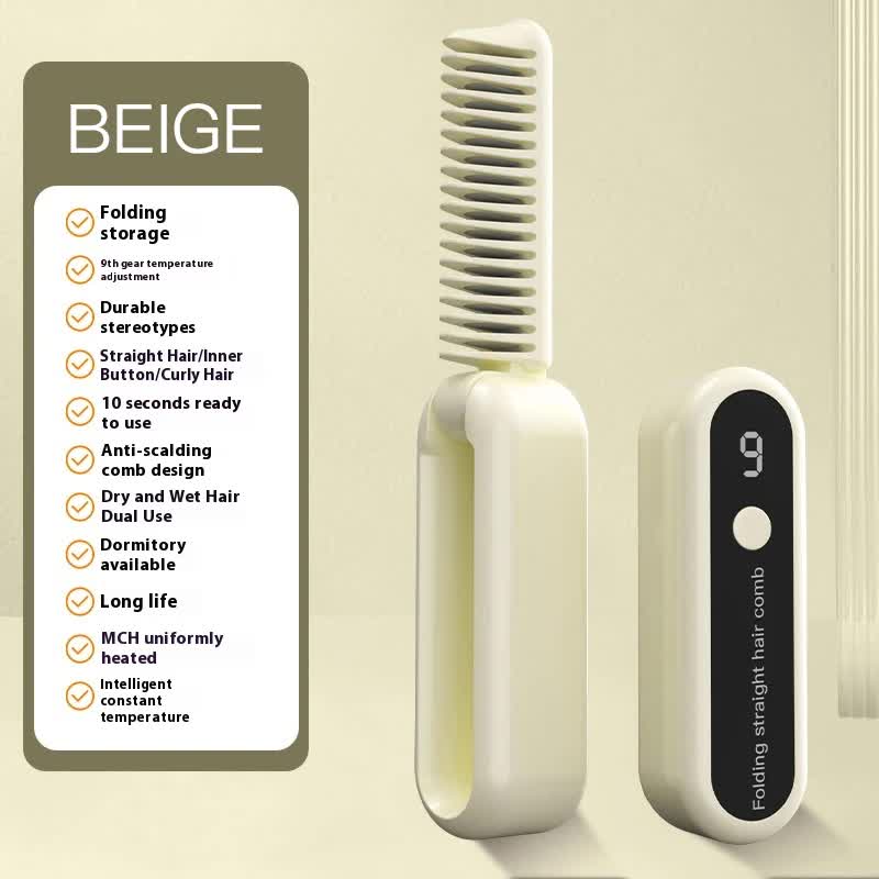 Beige Portable foldable cordless hair straightener with ionic technology, compact travel design, and quick and easy USB 