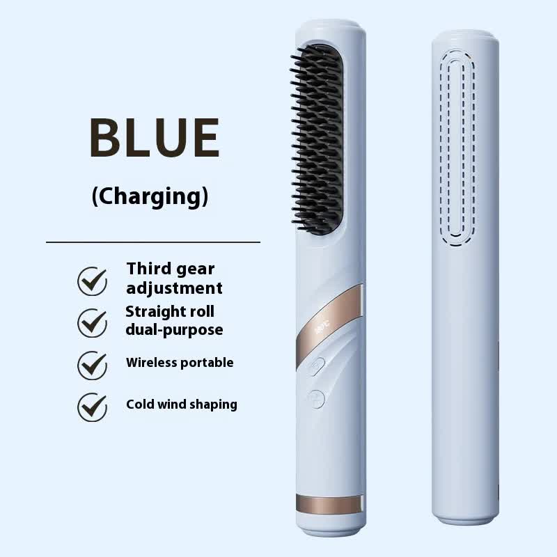 Blue Portable USB Rechargeable Cold Wind Ionic Hair Straightening Brush, Multi-Functional Hair Straightener and Curler, 