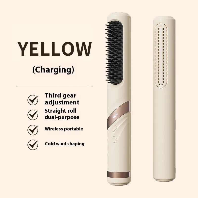 Yellow Portable USB Rechargeable Cold Wind Ionic Hair Straightening Brush, Multi-Functional Hair Straightener and Curler