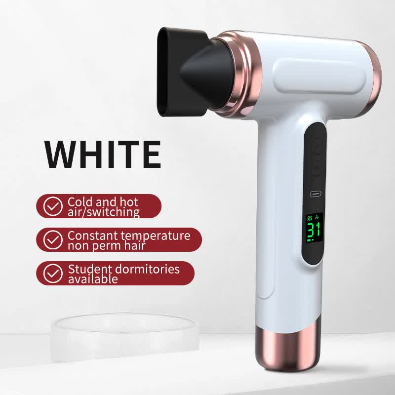 White Wireless Hair Dryer with Cold & Hot Air, Portable Large-Capacity Rechargeable Ionic Dryer, Fast-Drying, Lightweigh