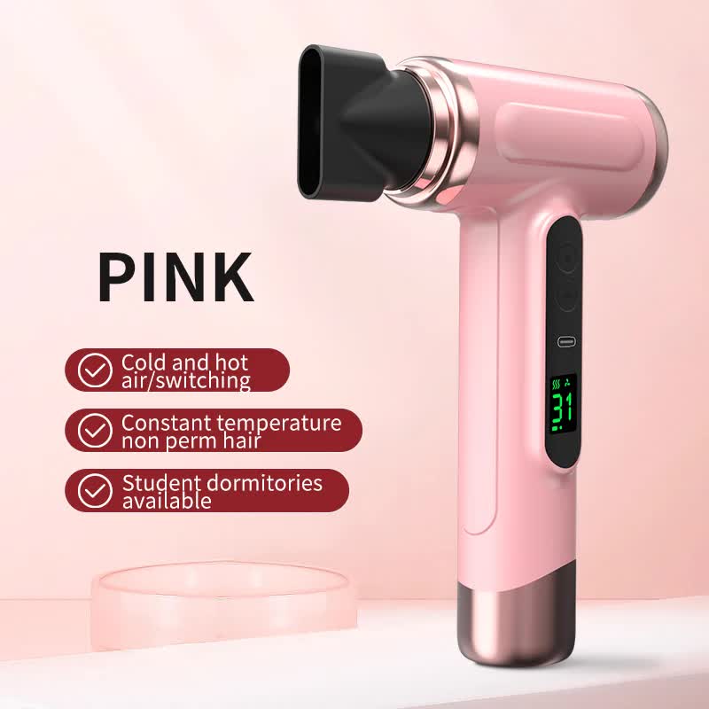 Pink wireless Hair Dryer with Cold & Hot Air, Portable Large-Capacity Rechargeable Ionic Dryer, Fast-Drying, Lightweight
