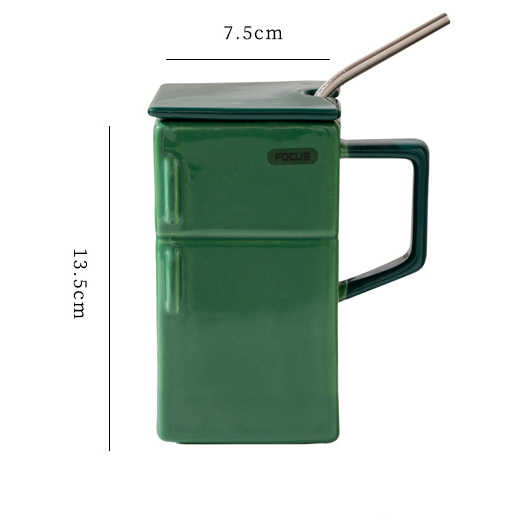 Green Creative Retro Refrigerator Ceramic Mug with Lid and Straw â€“ 550ml Coffee Cup â€“ Unique Gift for Couples or Off
