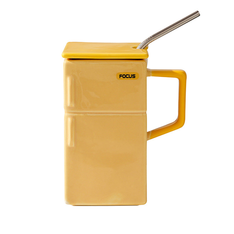 Yellow Creative Retro Refrigerator Ceramic Mug with Lid and Straw - 550ml Coffee Cup - Unique Gift for Couples or Office