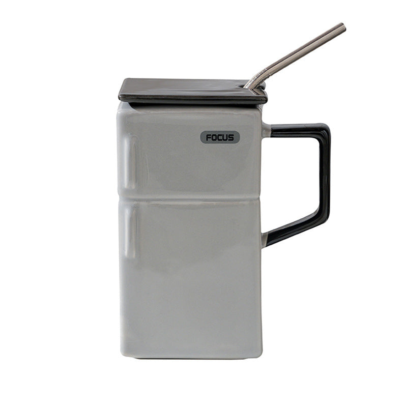 Grey Creative Retro Refrigerator Ceramic Mug with Lid and Straw - 550ml Coffee Cup - Unique Gift for Couples or Office U