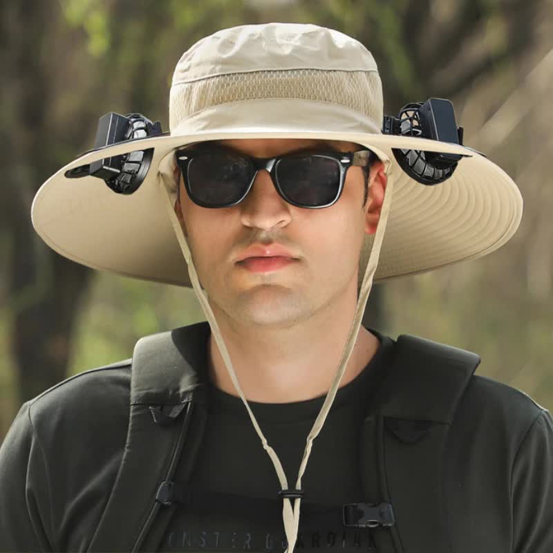 Khaki Solar-Powered Cooling Wide Brim Hat - USB Rechargeable Dual Fan Fisherman Cap - UPF50+ Sun Protection and Quick-Dr