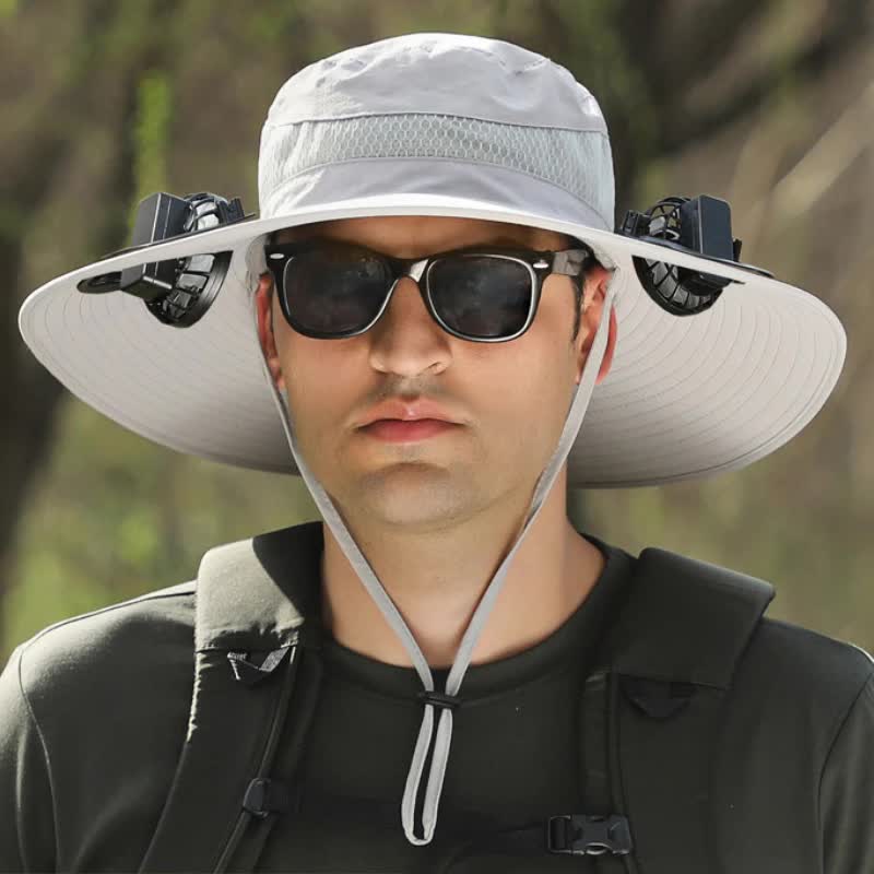 Light Gray Solar-Powered Cooling Wide Brim Hat - USB Rechargeable Dual Fan Fisherman Cap - UPF50+ Sun Protection and Qui