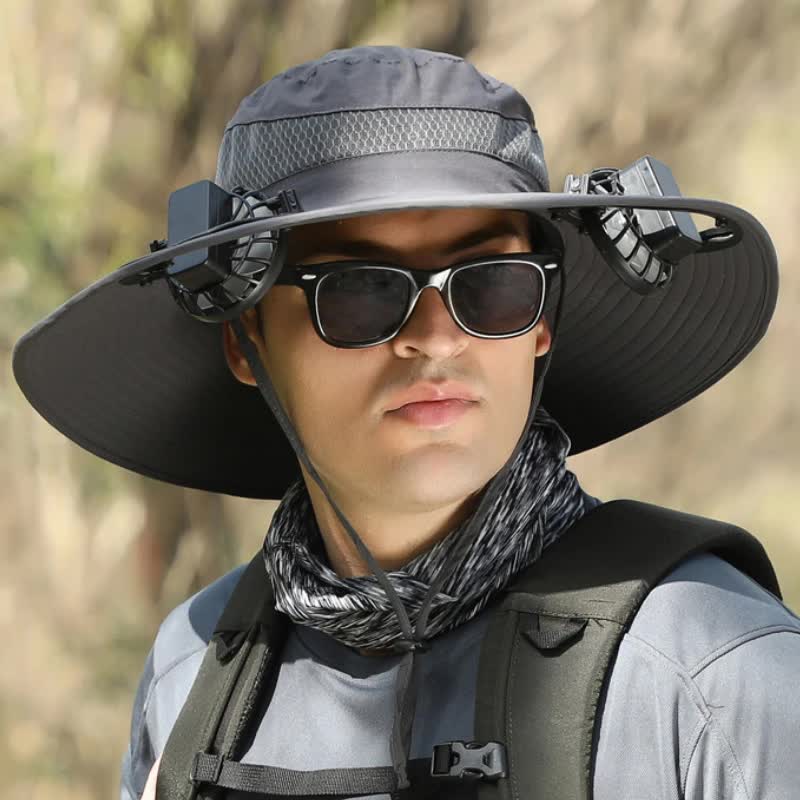 Dark Grey Solar-Powered Cooling Wide Brim Hat - USB Rechargeable Dual Fan Fisherman Cap - UPF50+ Sun Protection and Quic