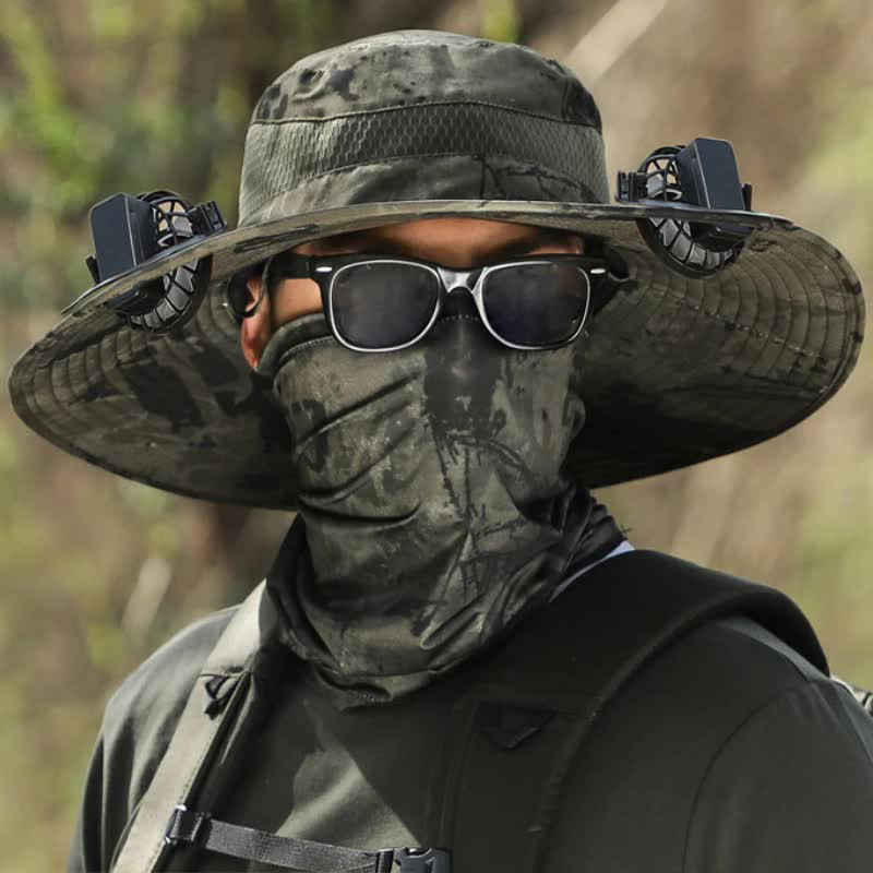 Dark Green Camouflage Solar-Powered Cooling Wide Brim Hat - USB Rechargeable Dual Fan Fisherman Cap - UPF50+ Sun Protect