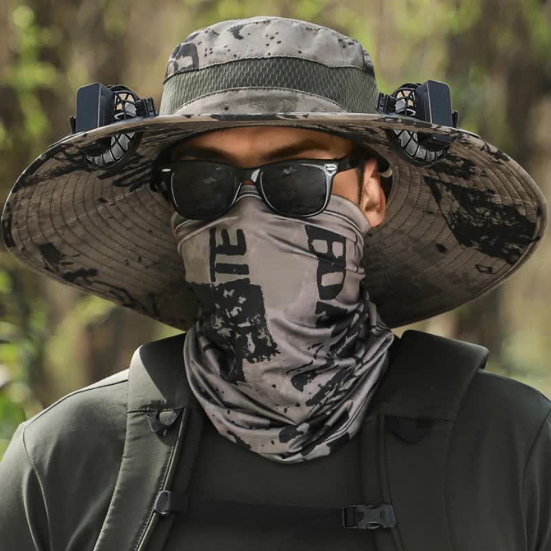 Brown Camouflage Solar-Powered Cooling Wide Brim Hat - USB Rechargeable Dual Fan Fisherman Cap - UPF50+ Sun Protection a