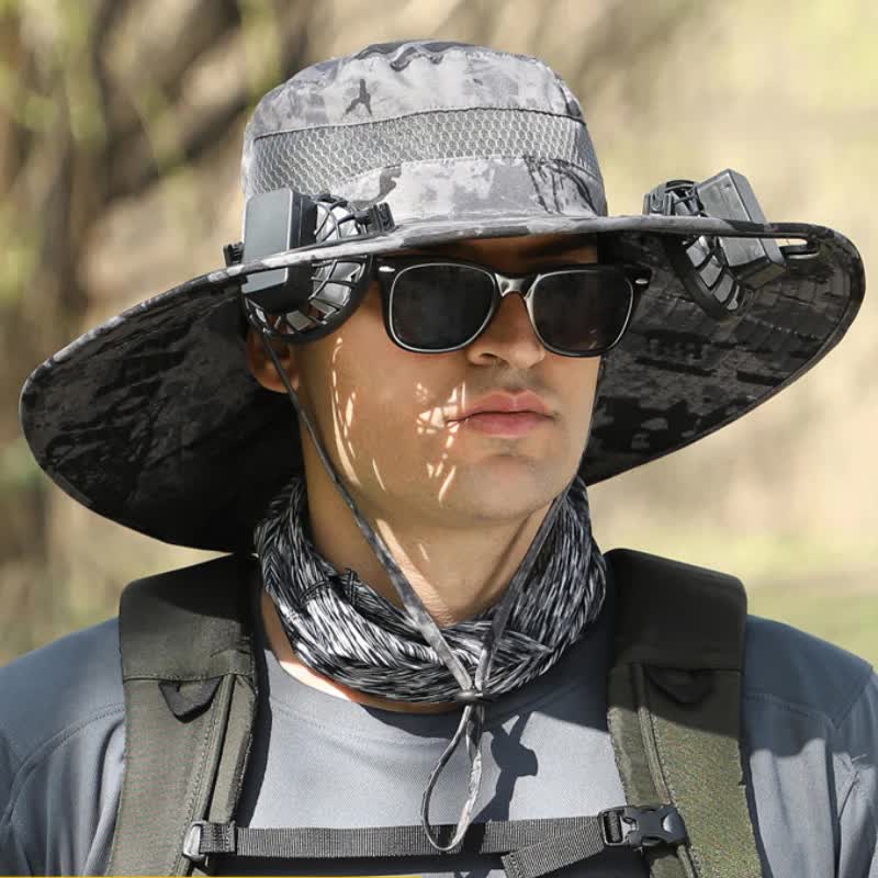 Gray Camouflage Solar-Powered Cooling Wide Brim Hat - USB Rechargeable Dual Fan Fisherman Cap - UPF50+ Sun Protection an