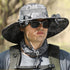 Gray Camouflage Solar-Powered Cooling Wide Brim Hat - USB Rechargeable Dual Fan Fisherman Cap - UPF50+ Sun Protection an