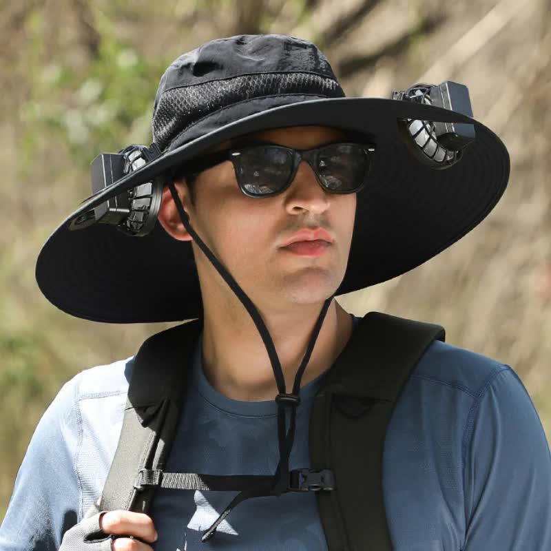 Black Solar-Powered Cooling Wide Brim Hat - USB Rechargeable Dual Fan Fisherman Cap - UPF50+ Sun Protection and Quick-Dr