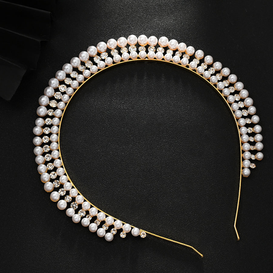 Gold Elegant Faux Pearl Bridal Headband - Multi-Layer Vintage Princess Tiara for Weddings and Formal Occasions, Lightwei