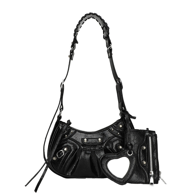 Black Vintage Rivet Crescent Moon Bag with Card Holder & Mirror, French Retro PU Leather Shoulder & Crossbody Motorcycle