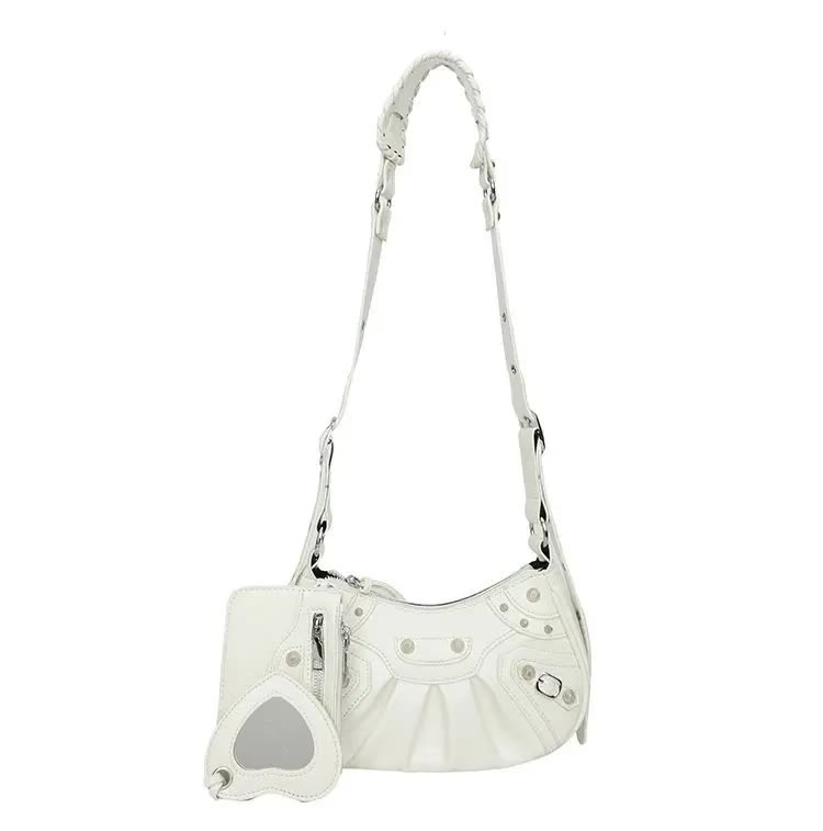 White Vintage Rivet Crescent Moon Bag with Card Holder & Mirror, French Retro PU Leather Shoulder & Crossbody Motorcycle