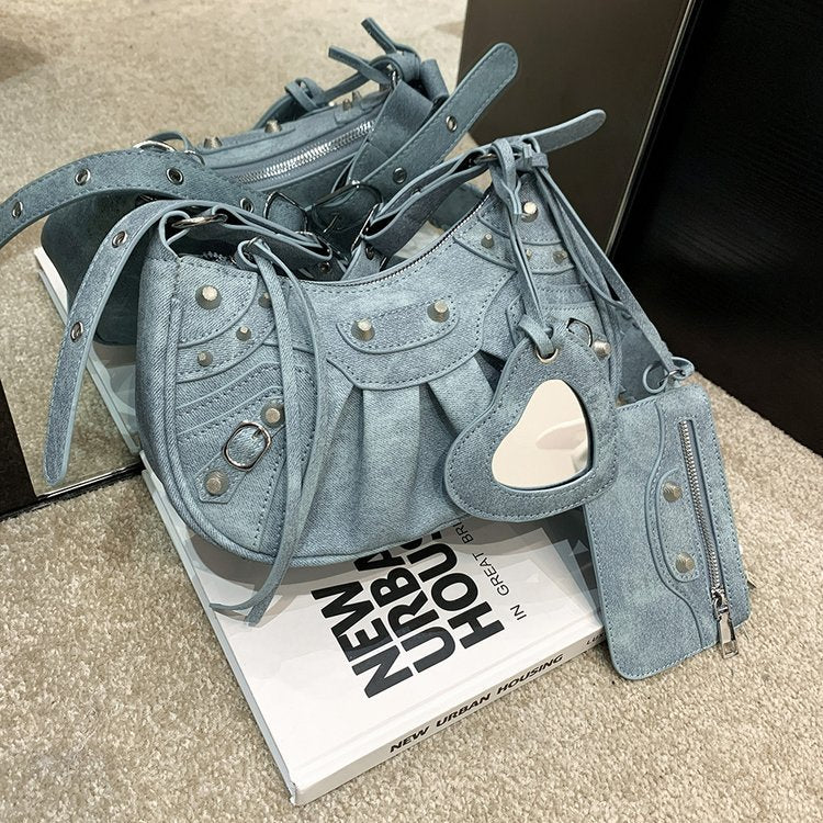 Blue Vintage Rivet Crescent Moon Bag with Card Holder & Mirror, French Retro PU Leather Shoulder & Crossbody Motorcycle 