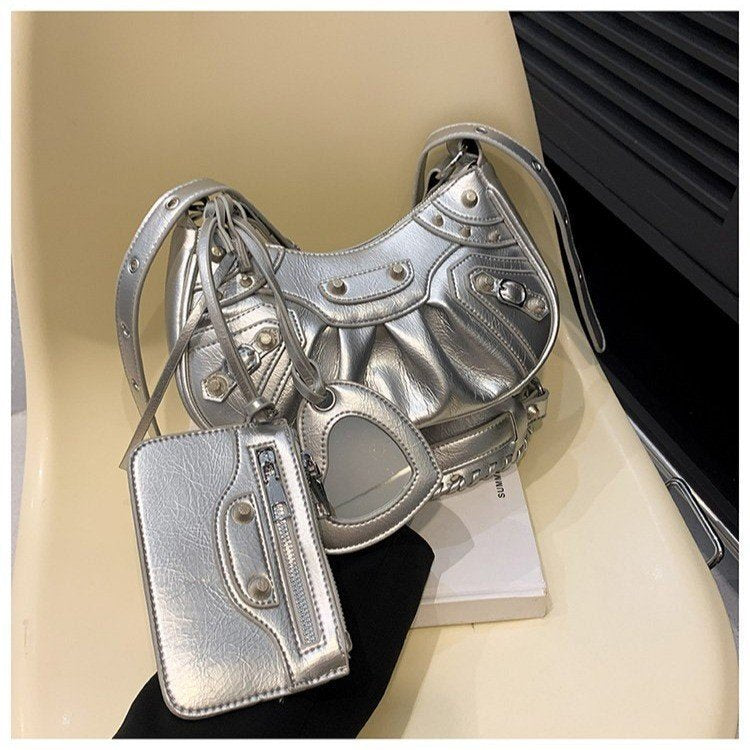 Silver Vintage Rivet Crescent Moon Bag with Card Holder & Mirror, French Retro PU Leather Shoulder & Crossbody Motorcycl