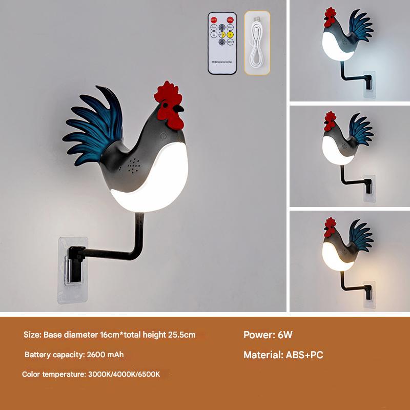 Grey USB Rechargeable Rooster Wall Lamp with Sound, Aromatherapy, and Decorative Design â€“ Creative Nightlight for Bedr