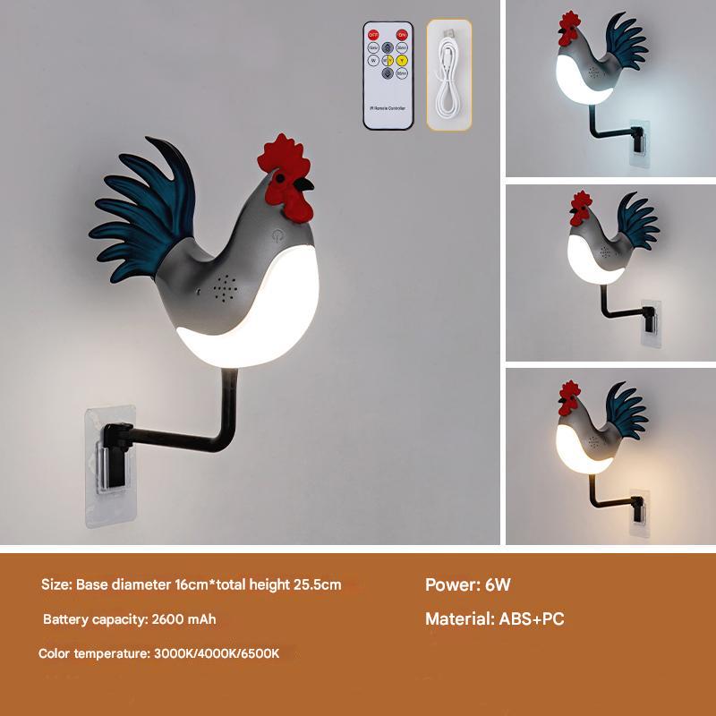 Silver USB Rechargeable Rooster Wall Lamp with Sound, Aromatherapy, and Decorative Design - Creative Nightlight for Bedr