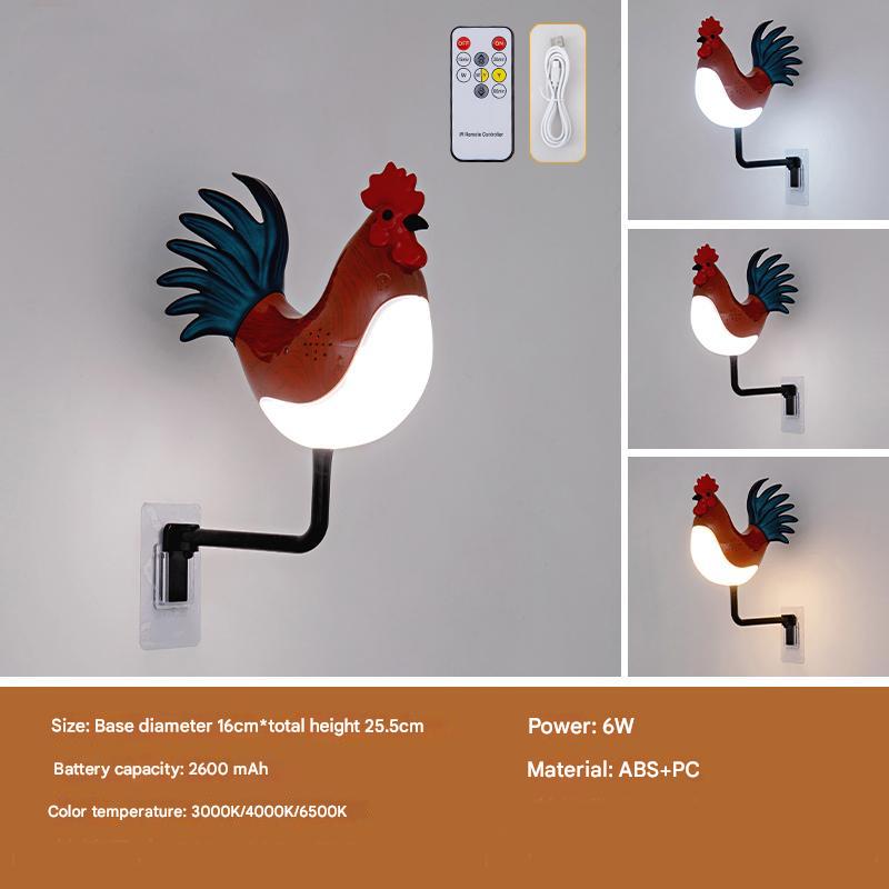 Red USB Rechargeable Rooster Wall Lamp with Sound, Aromatherapy, and Decorative Design - Creative Nightlight for Bedroom