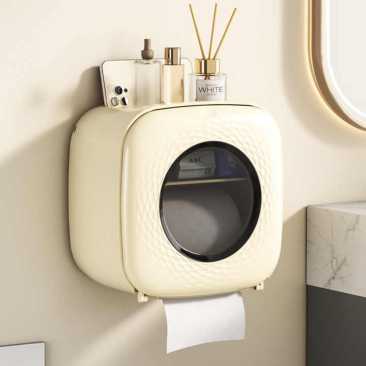 Light Yellow Wall-Mounted Bathroom Tissue Box - Waterproof Paper Towel Dispenser with Storage Shelf, No-Drill Design(Tis