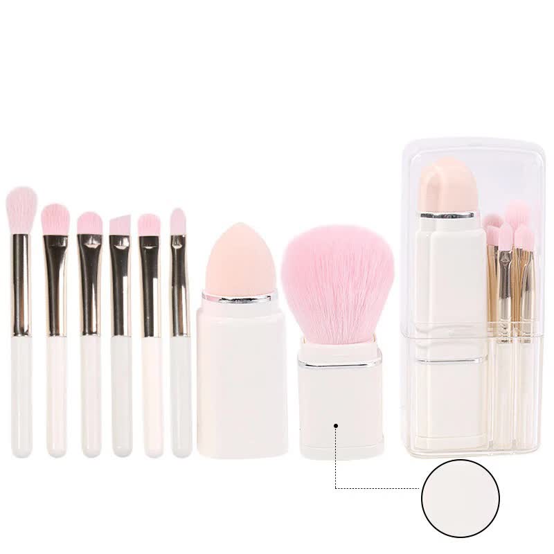 White 8-in-1 Retractable Mini Makeup Brush Set with Protective Cover â€“ Compact Design for Travel and On-the-Go Touchup