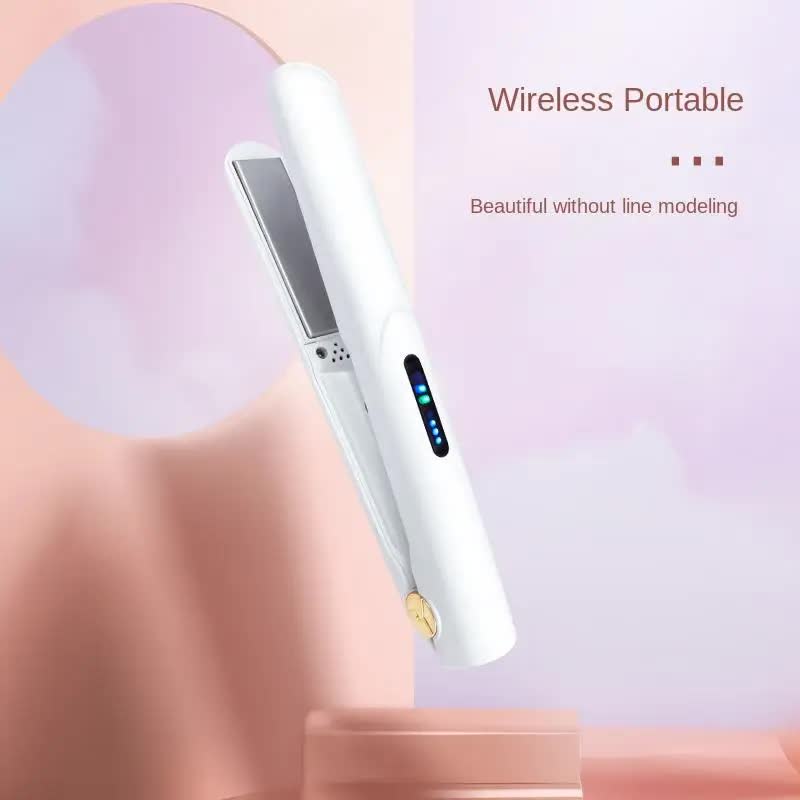 White Portable Mini Wireless Hair Straightener - USB Rechargeable, 2-in-1 Curling & Straightening Iron, Adjustable 3-Tem