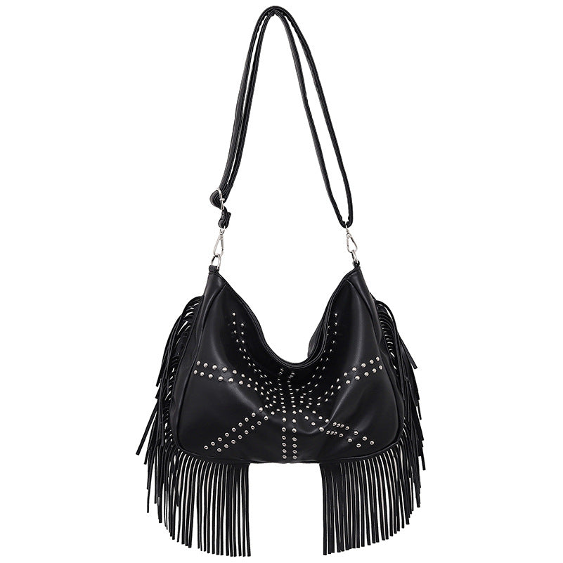 Black Trendy Rivet Fringe Shoulder Bag â€“ Large Capacity Soft Leather Handbag for Women, Perfect for Travel and Leisure