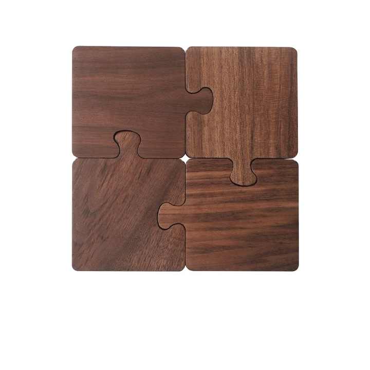 Wood Color Natural Black Walnut Wooden Coasters, Heat-Resistant Tea Cup Pads, Puzzle-Shaped Drink Mats, Eco-Friendly Tea