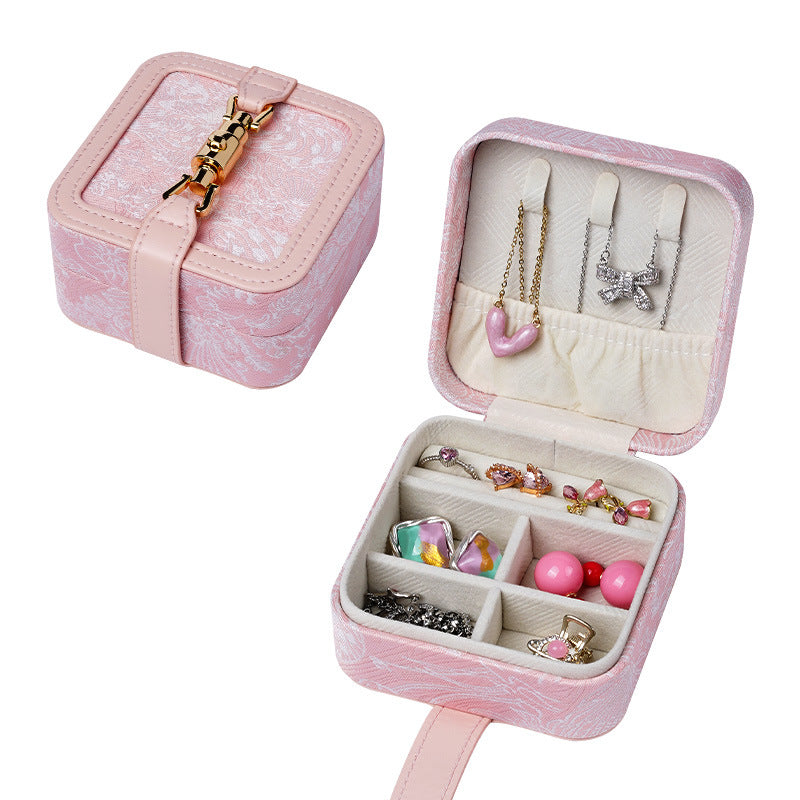 Pink Portable Vintage Embossed Jewelry Box - Flip-Top Necklace, Ring, and Earring Organizer with Elegant Design(The Jewe